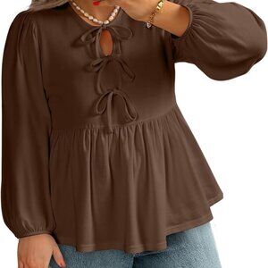 Womens Plus Size Tops Bow Tie Front Puff Sleeve Crewneck Babydoll Peplum Blouse